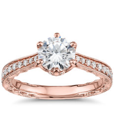 Six-Claw  Hand-Engraved Diamond Engagement Ring in 14k Rose Gold